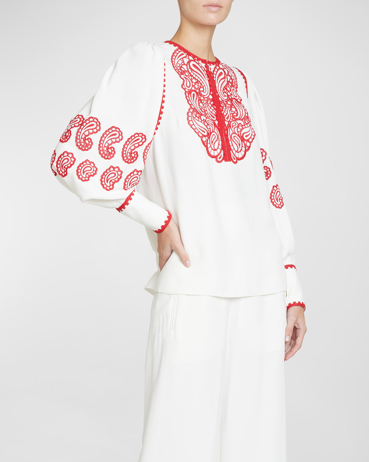 Andrew Gn Paisley Embroidered Bib-front Blouson-sleeve Top In Off Whitered