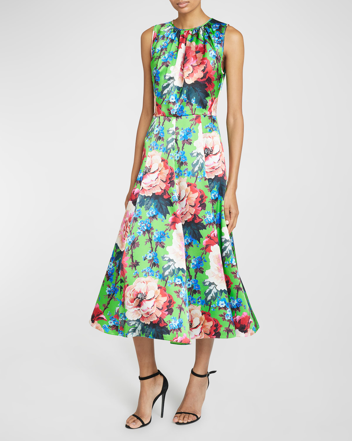 Andrew Gn Floral-print Belted Sleeveless Silk Midi Dress In Green