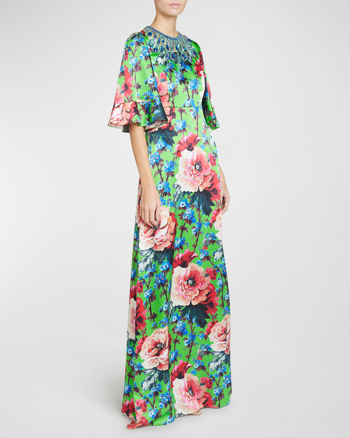 Andrew Gn Floral-print Crystal Embroidered Silk Gown In Green