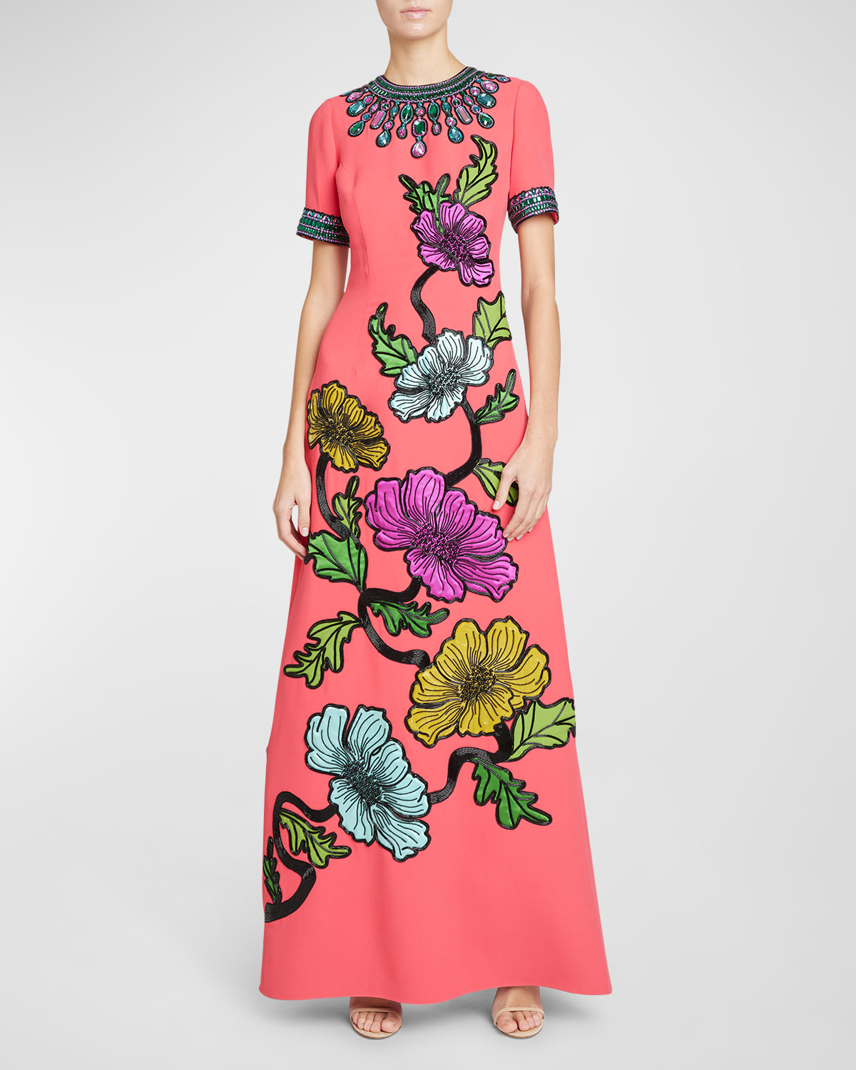 Andrew Gn Floral Embroidered Crystal-necklace Gown In Coral