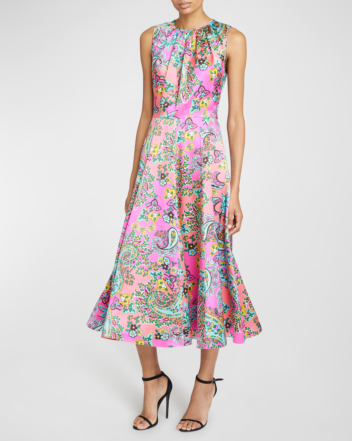 Andrew Gn Paisley-print Belted Sleeveless Silk Midi Dress In Turquoize