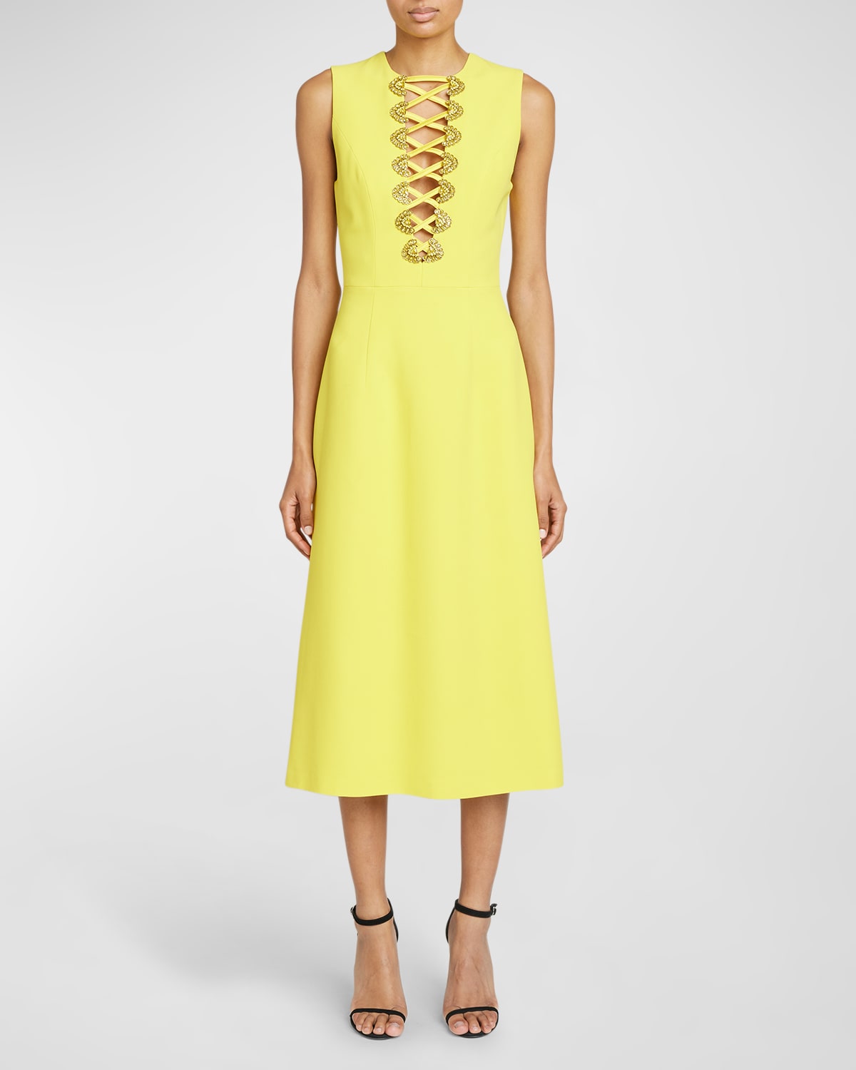 Andrew Gn Crystal-embellished Lace-up Cutout Midi Dress In Yellow