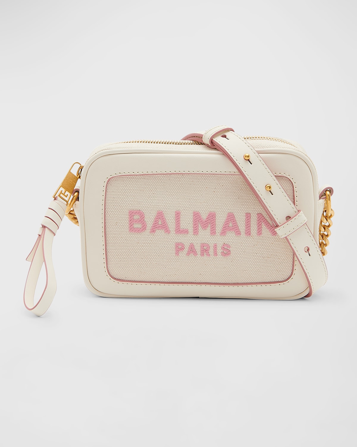 Balmain B Army Logo Canvas Camera Crossbody Bag In White/pink