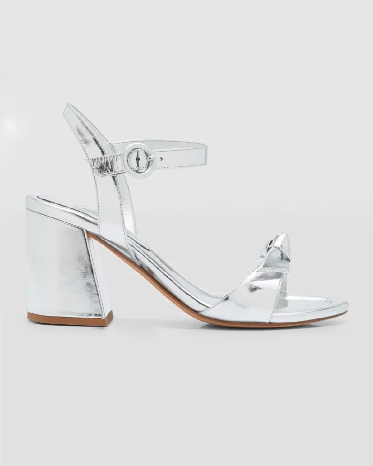 Alexandre Birman Clarita Flare Metallic Leather Block Heel Sandals In Silver