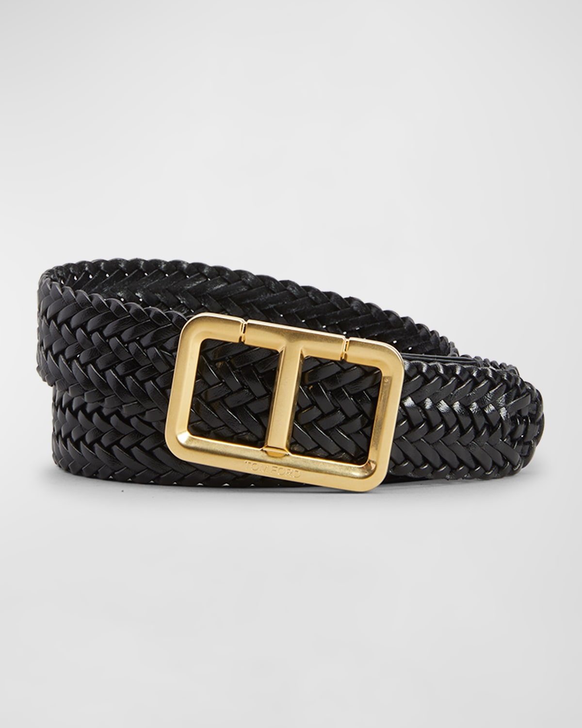 Tom Ford Men's T-buckle Woven Leather Belt In Black