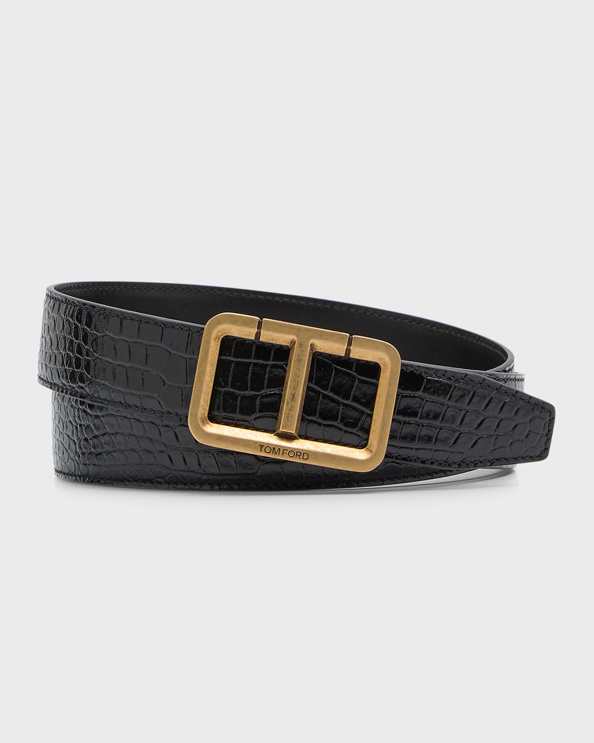 Tom Ford Men's Alligator-print Leather T-buckle Belt In Black