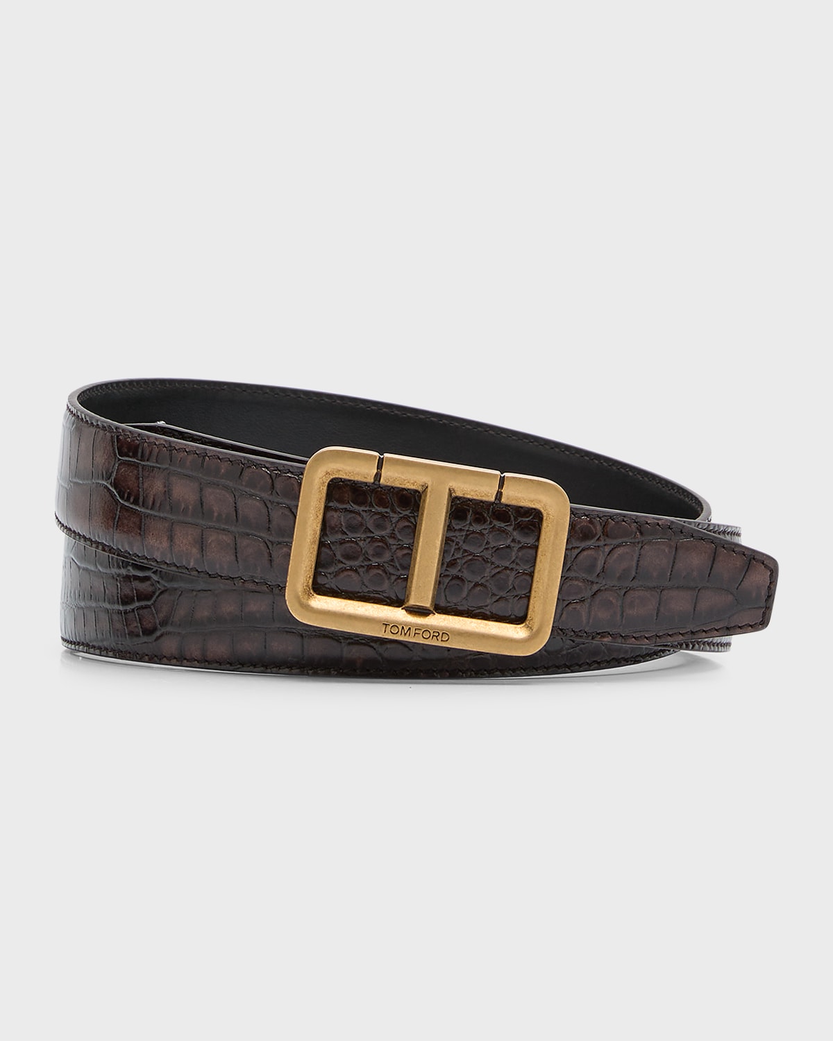 Tom Ford Men's Alligator-print Leather T-buckle Belt In Dark Brown