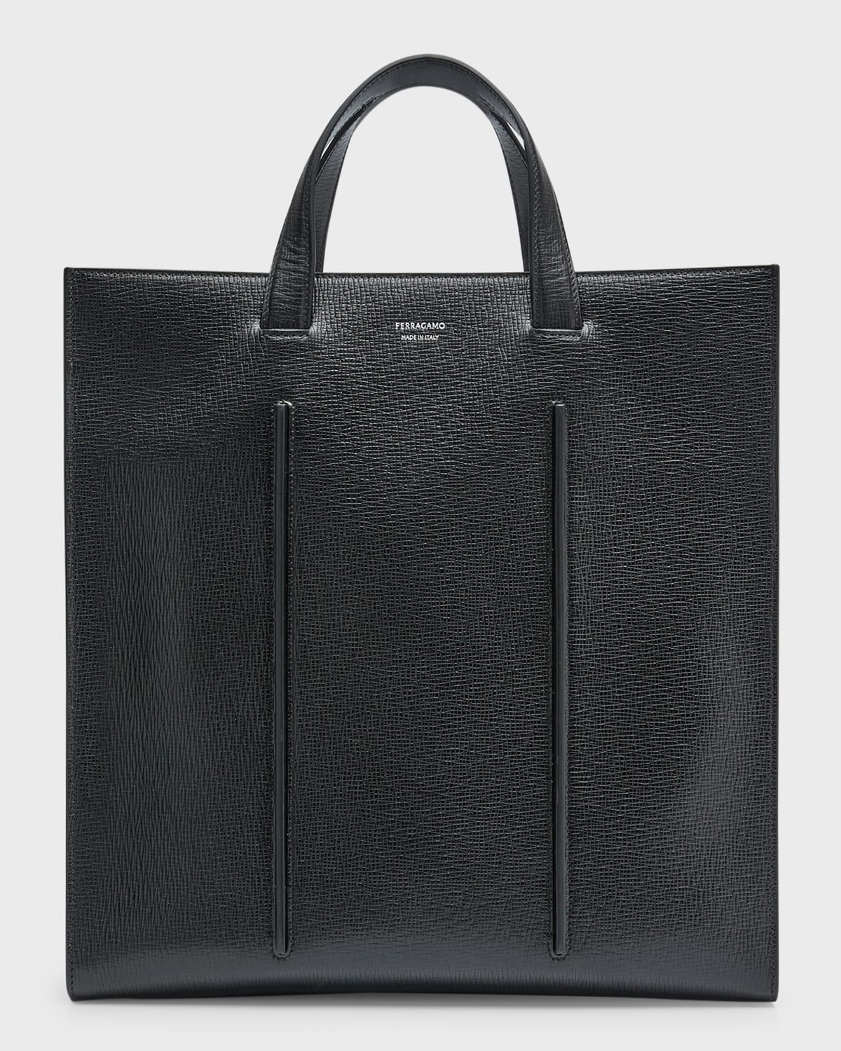 Shop Ferragamo Men's Leather Tote Bag With Rib Inserts In Nero