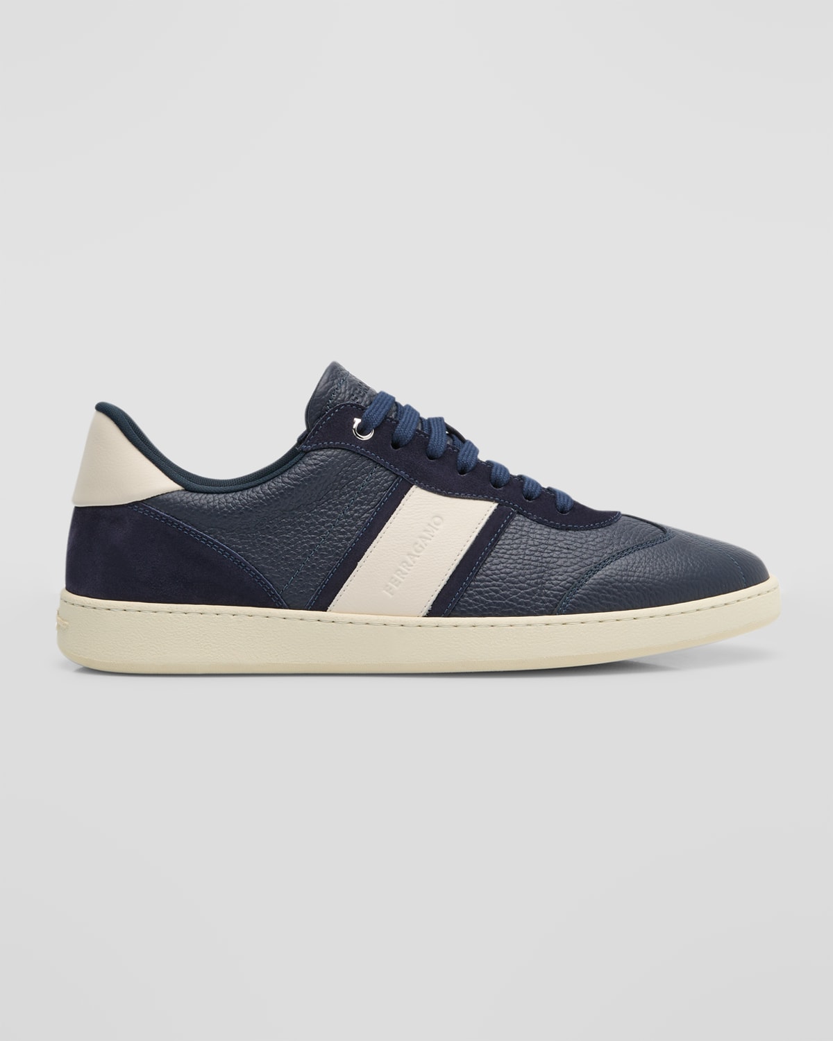 Ferragamo Men's Achille 1 Leather Low-top Sneakers In Blue Marin