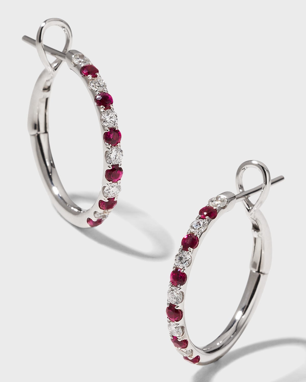 Frederic Sage 18k White Gold Medium Diamond And Ruby Hoop Earrings In Red