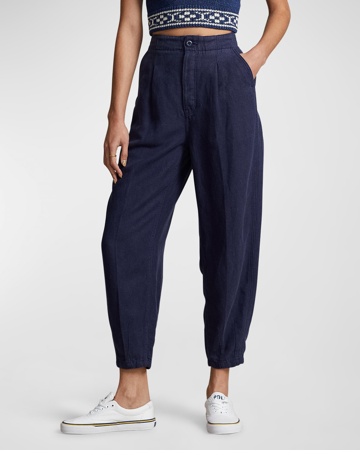 Polo Ralph Lauren Pleated Linen-blend Twill Pants In Navy