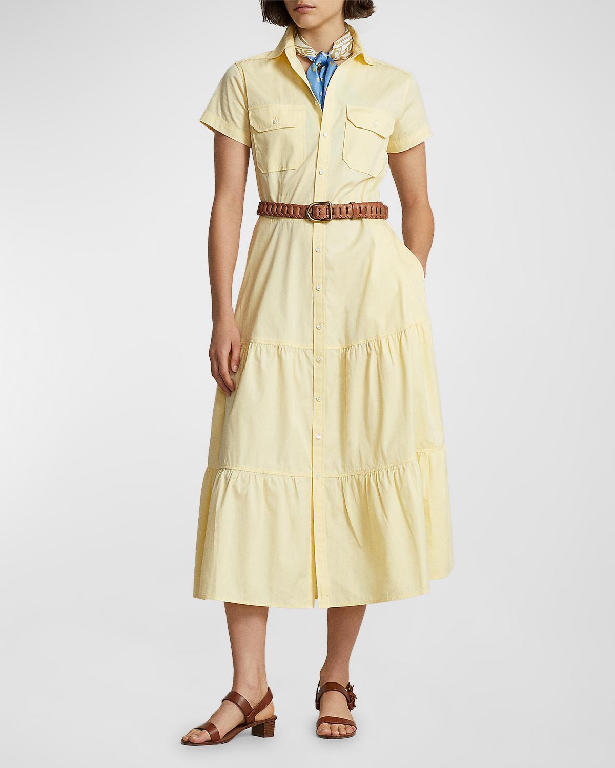 ralph lauren yellow shirt dress Polo Ralph Lauren Belted Tiered Cotton Shirtdress In T Bird Yellow