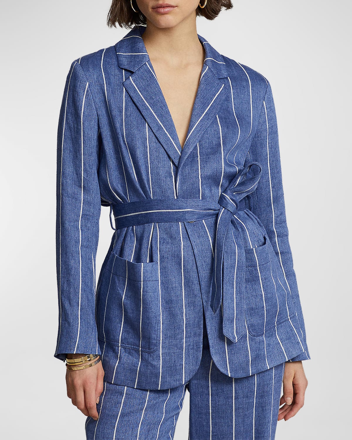 POLO RALPH LAUREN STRIPED BELTED LINEN-COTTON BLAZER