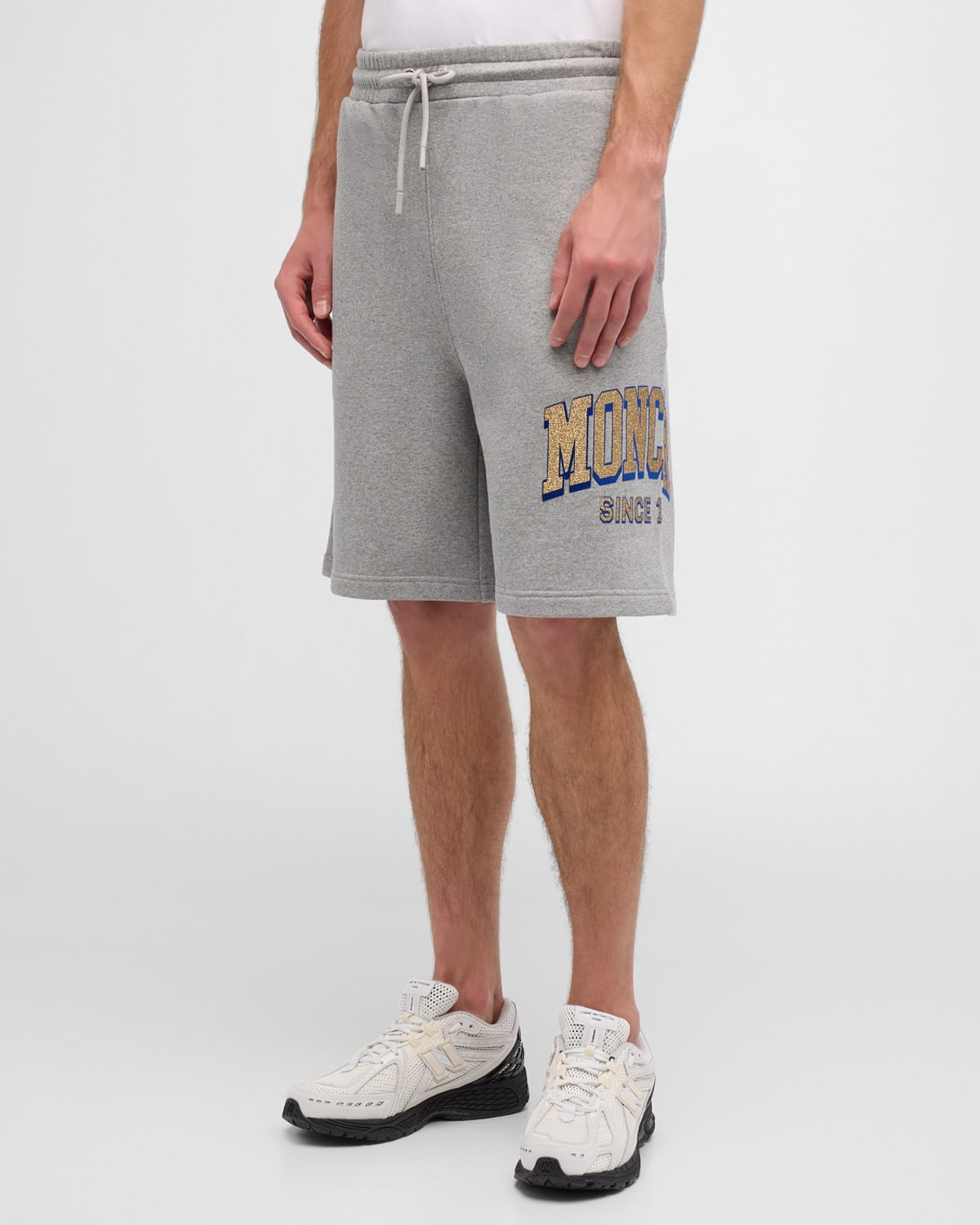 Shop Moncler Men's Terry Glitter-logo Sweat Shorts In Light Grey