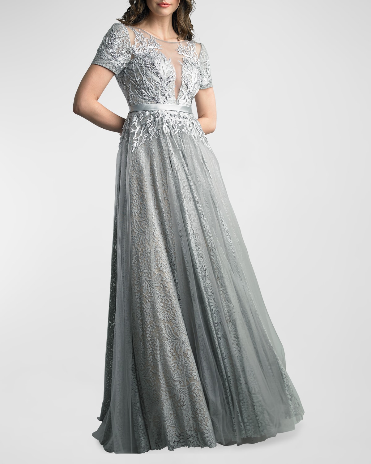 Basix Short-sleeve Burnout Lace Gown In Silver