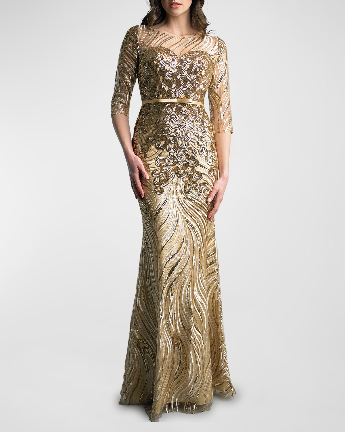 3/4-Sleeve Swirl Sequin Gown