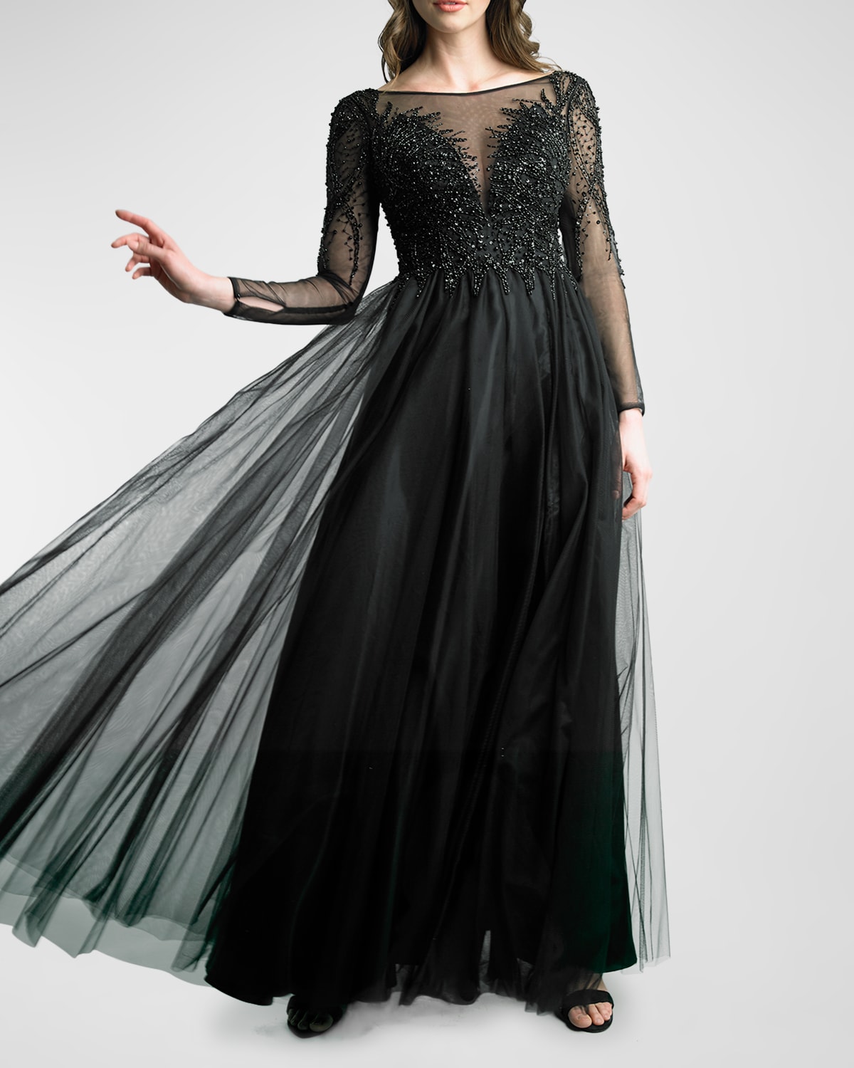 Basix Beaded Bateau-neck A-line Tulle Gown In Black