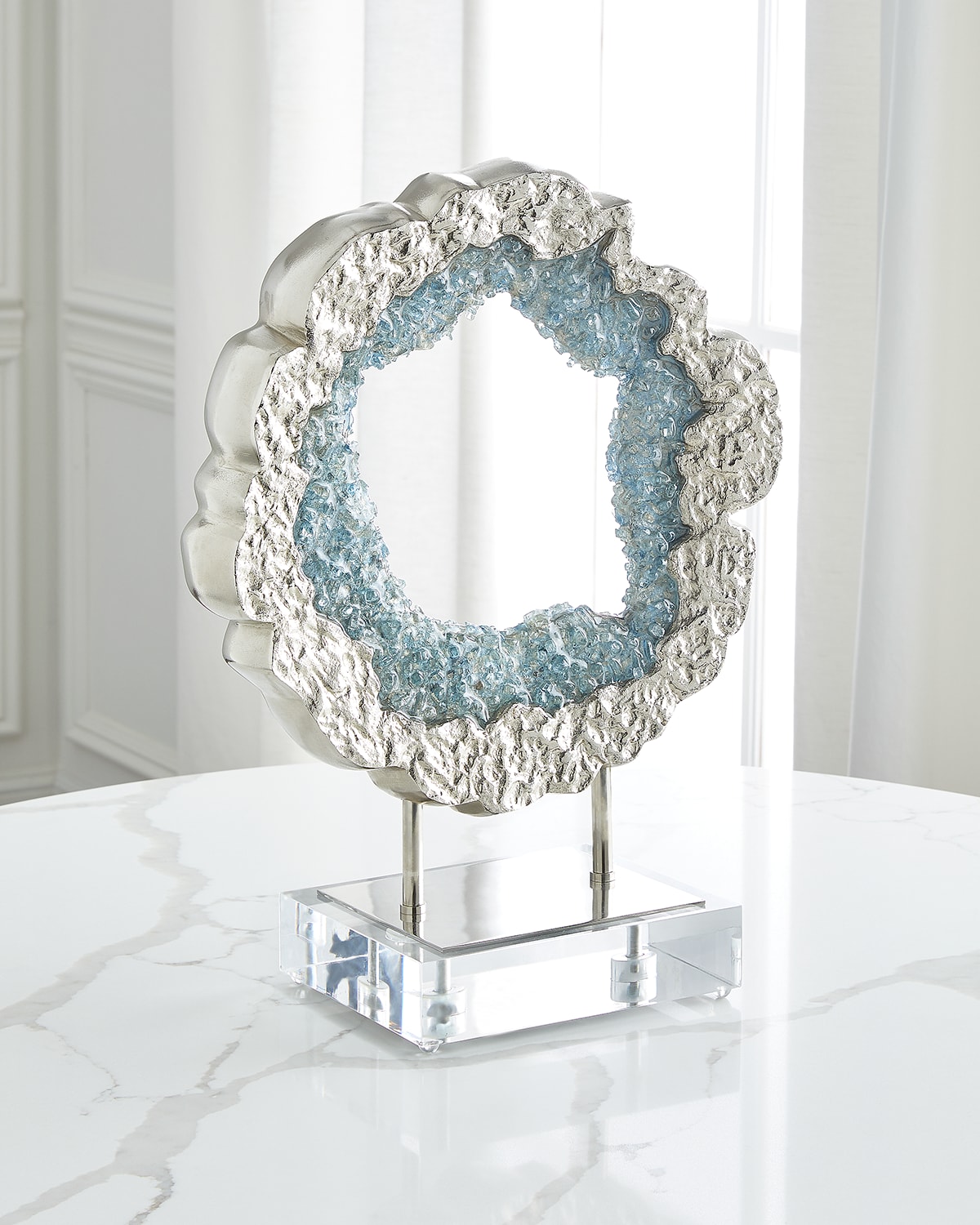 JOHN-RICHARD COLLECTION HAMMERED NICKEL AND SEA BLUE GEODE SCULPTURE 