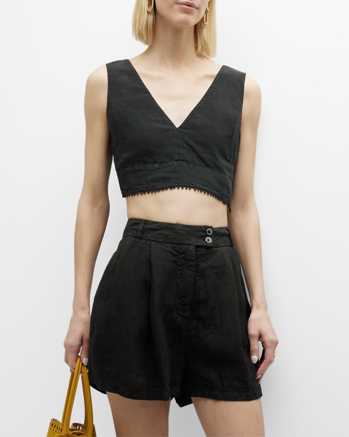 120% Lino Macrame-trim Linen Crop Top In Black