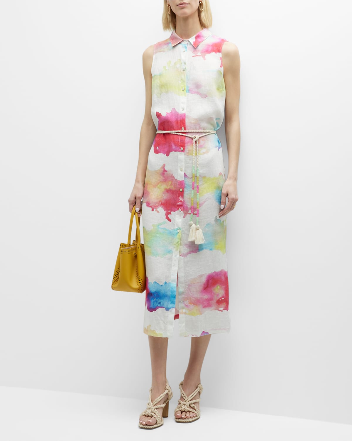 Sleeveless Watercolor-Print Midi Dress