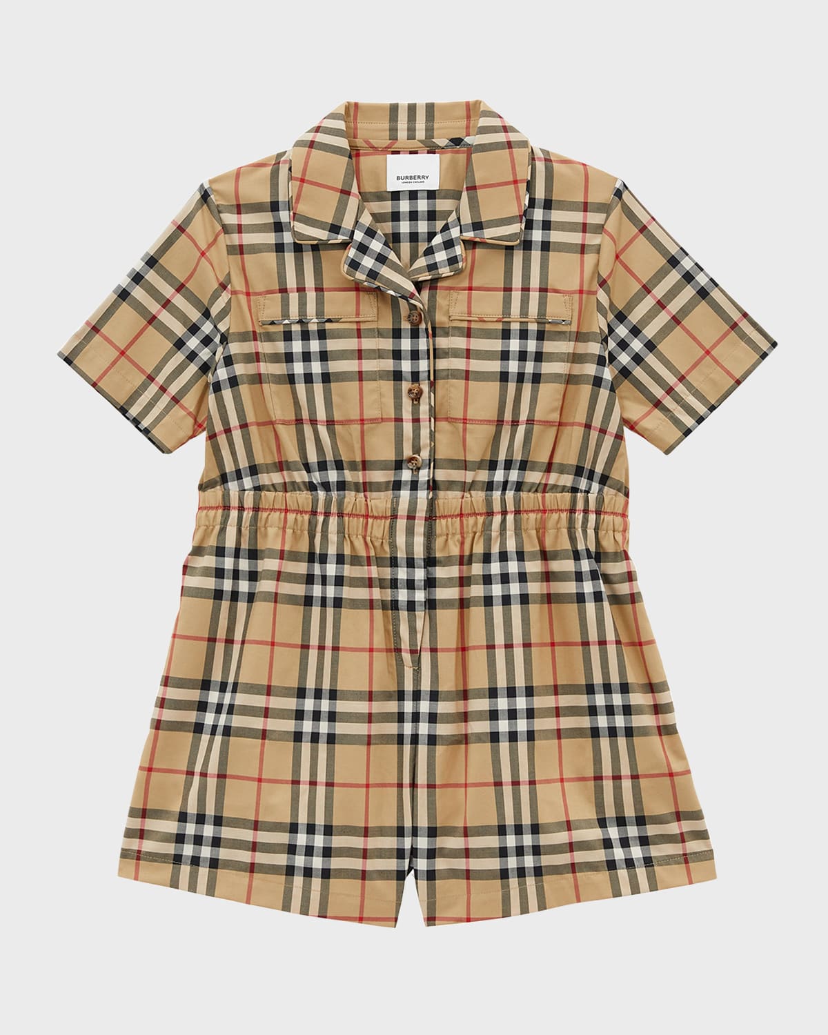 Girl's Meredith Check Short-Sleeve Romper, Size 3-14