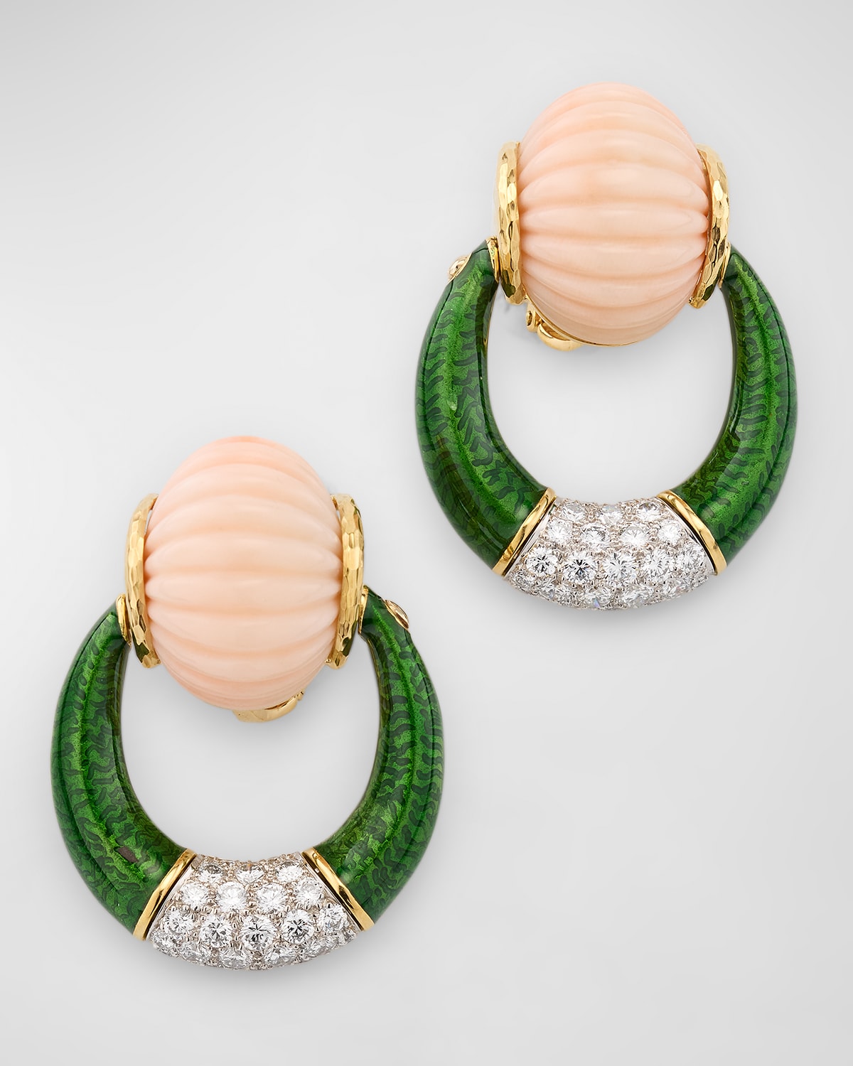 Estate Webb 18K Yellow Gold Green Enamel, Pink Coral and Diamond Clip Earrings