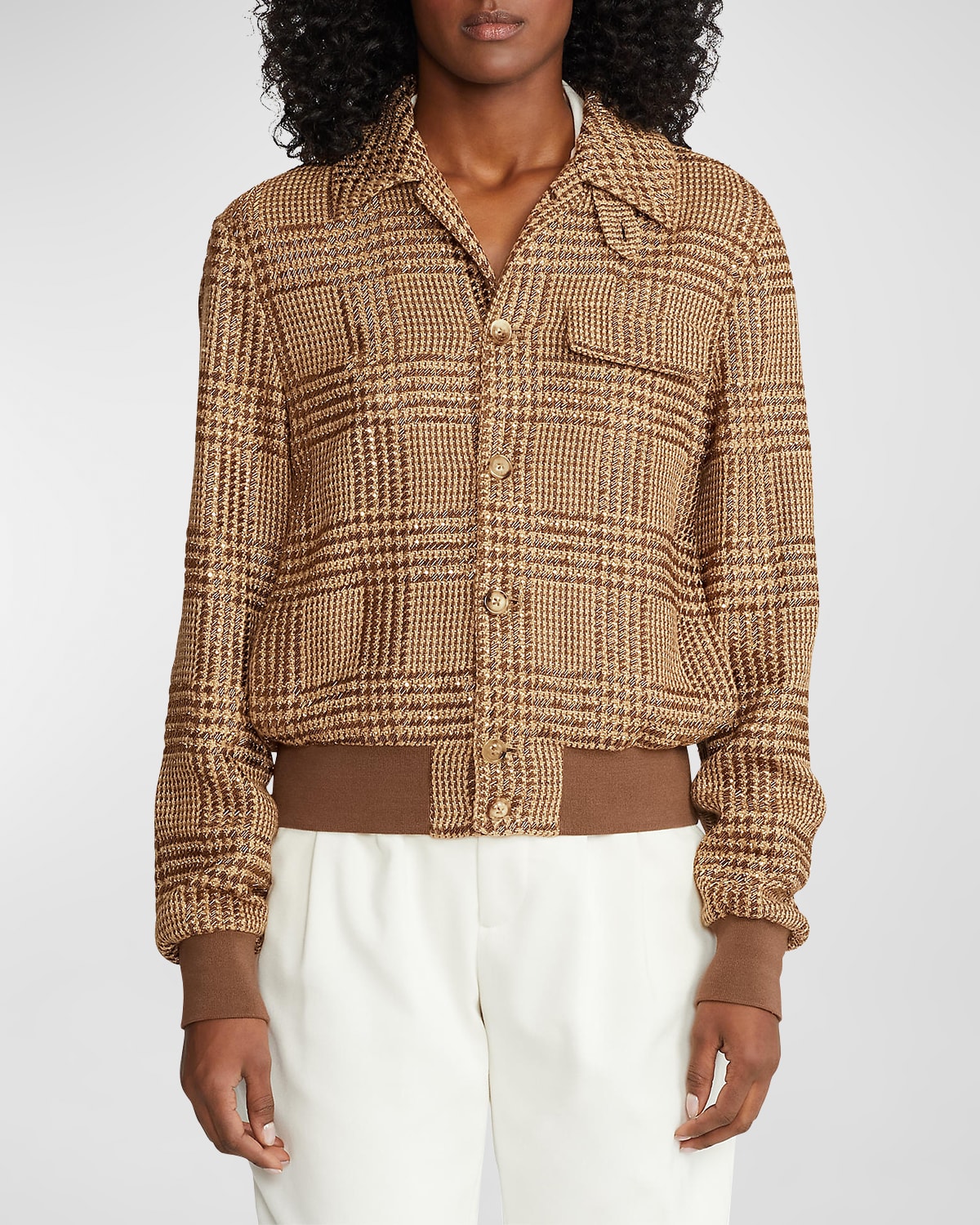 Polo Ralph Lauren Araminta Check Beaded Tweed Bomber Jacket In Brown Mu