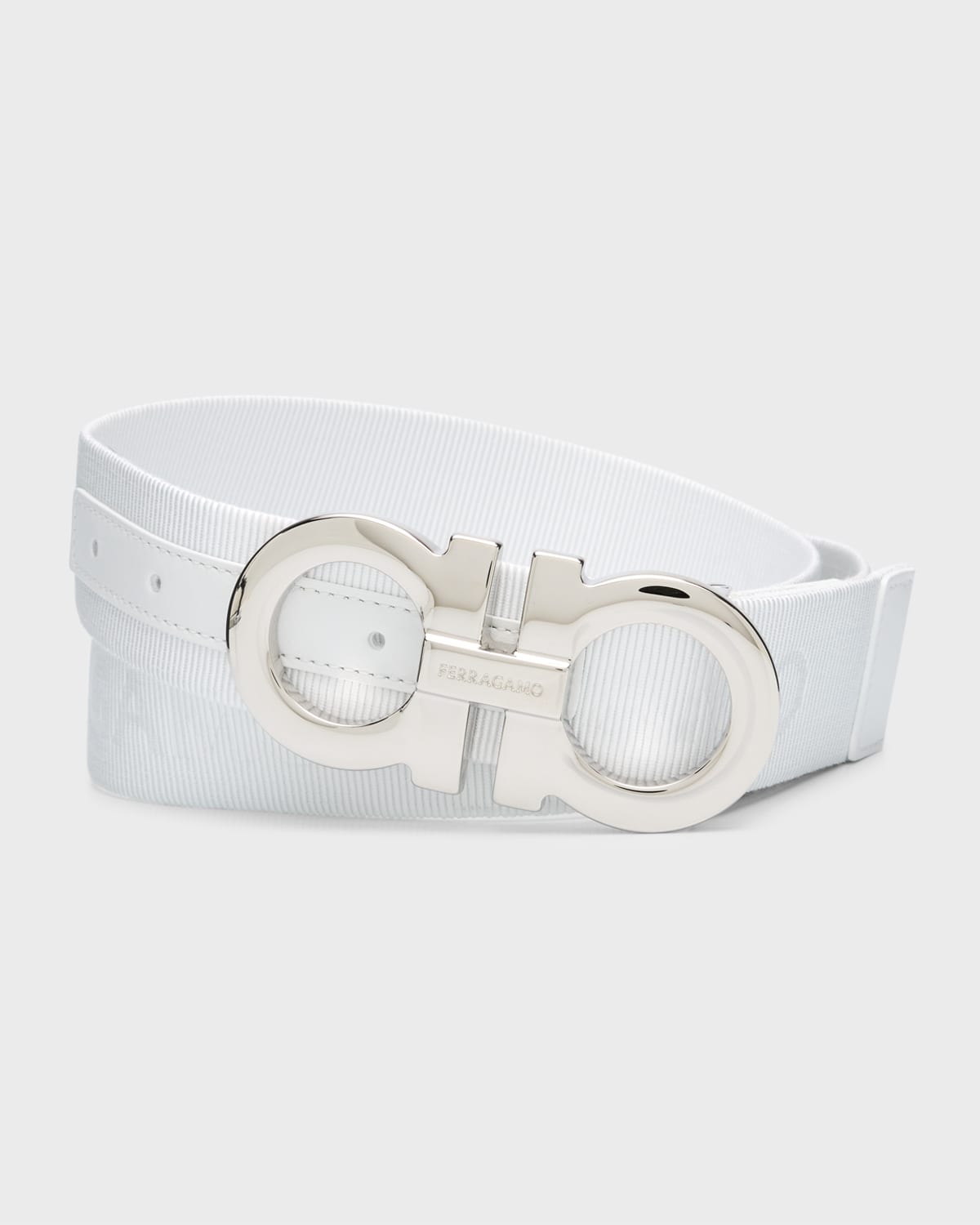 Ferragamo Men's Gancini-buckle Jacquard Fabric Belt In Bianco A02