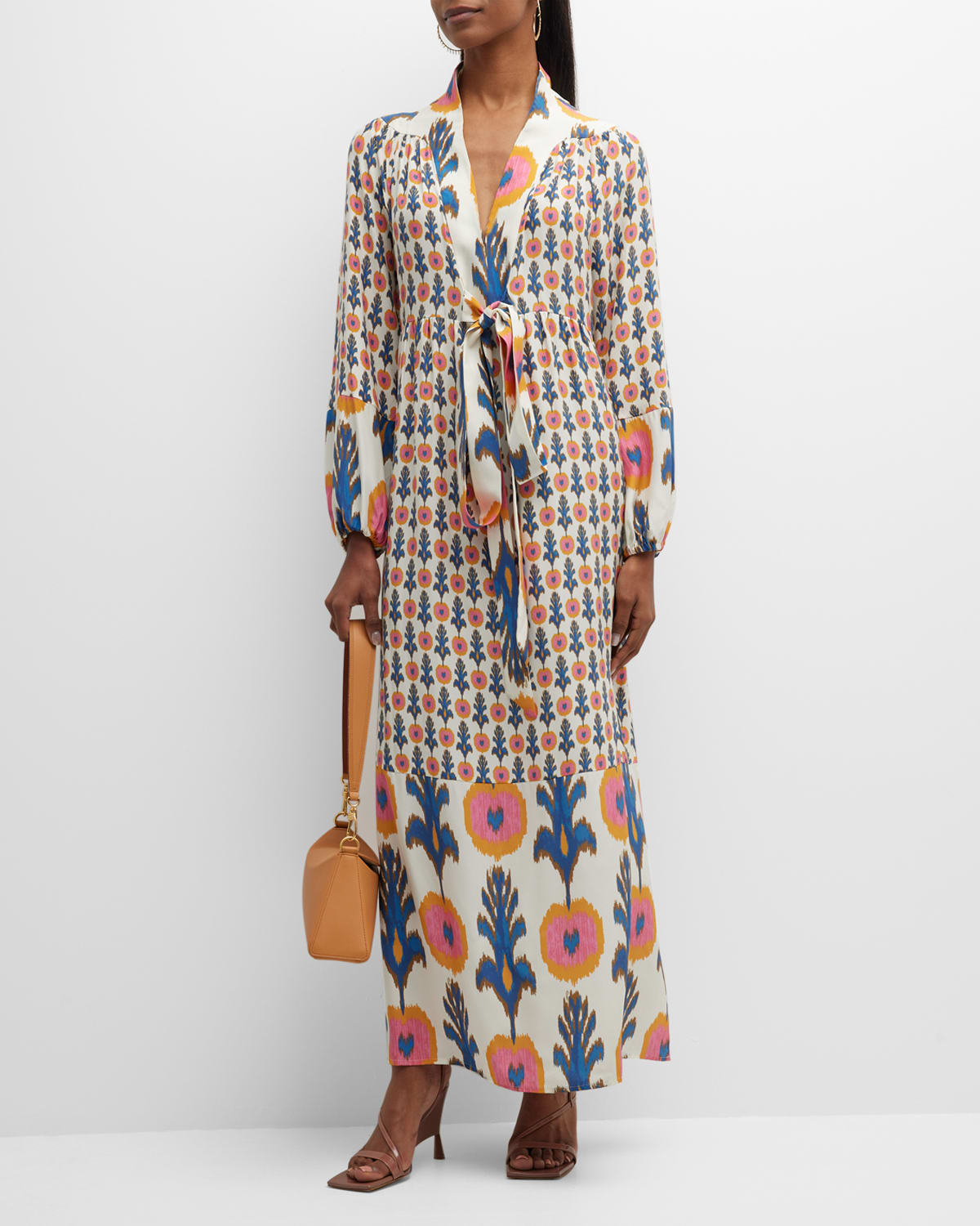 Figue Starlight Ikat-Print Tie-Front Long-Sleeve Maxi Dress