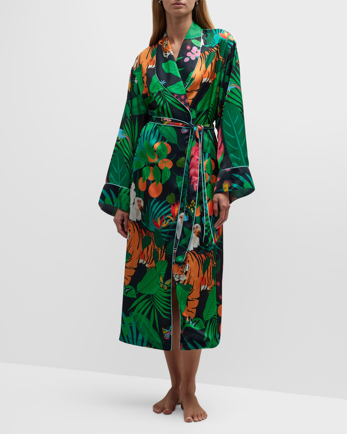 Karen Mabon Long Shawl-Collar Jungle-Print Robe