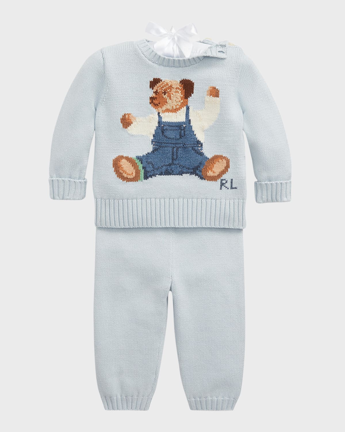 Boy's Polo Bear Intarsia Sweater W/ Sweatpants, Size 3M-24M