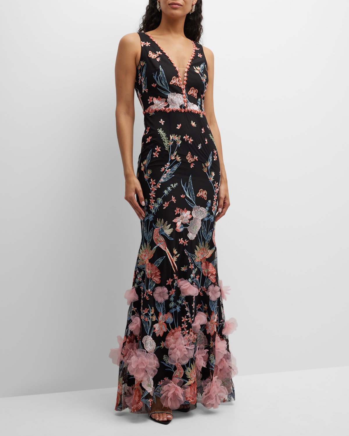MARCHESA NOTTE DEEP V-NECK EMBROIDERED TULLE GOWN 