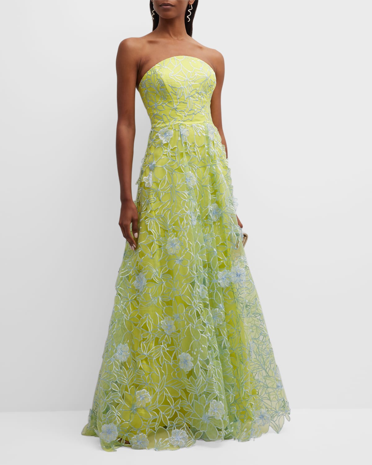 MARCHESA NOTTE STRAPLESS CUTOUT FLORAL-EMBROIDERED GOWN