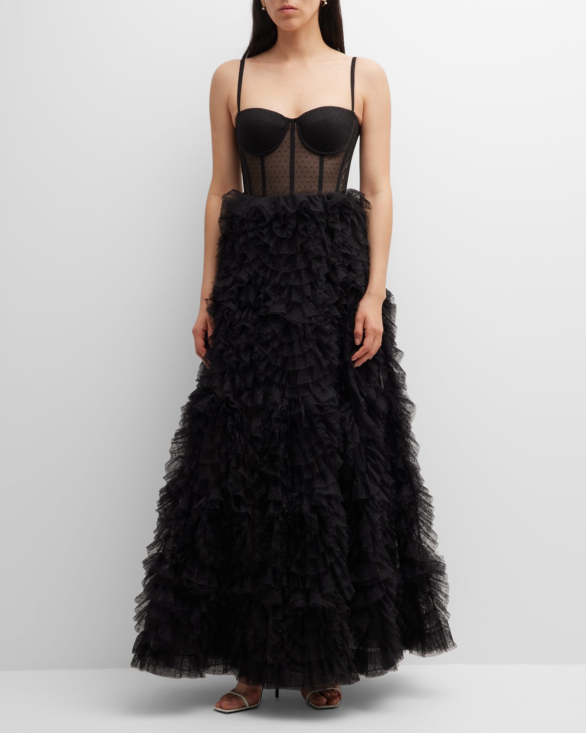 Marchesa Notte Polka-dot Ruffle Tulle Bustier Gown In Black