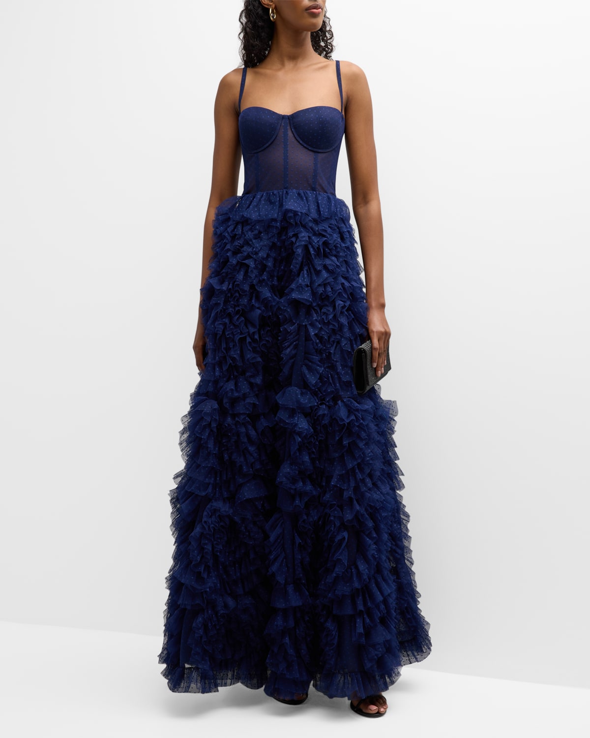Marchesa Notte Polka-Dot Ruffle Tulle Bustier Gown