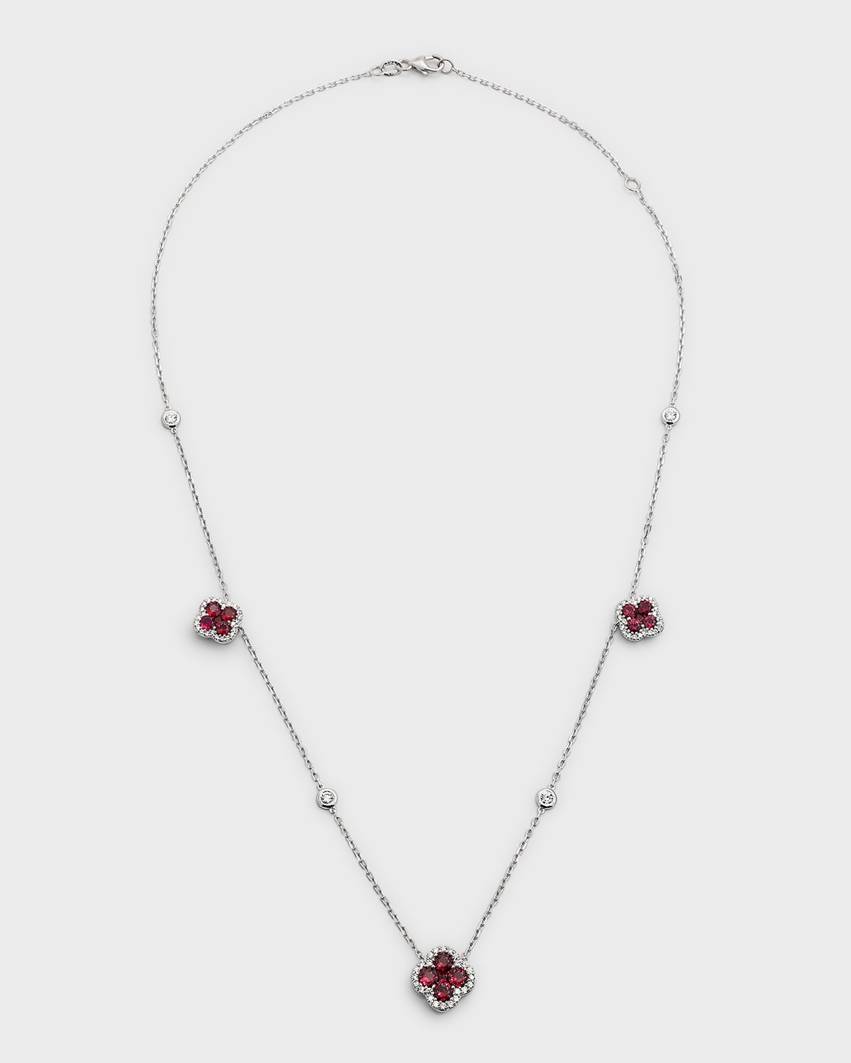 Neiman Marcus Diamonds 18K White Gold Ruby Flower and Diamond Station Necklace, 18"L, 2.55tcw