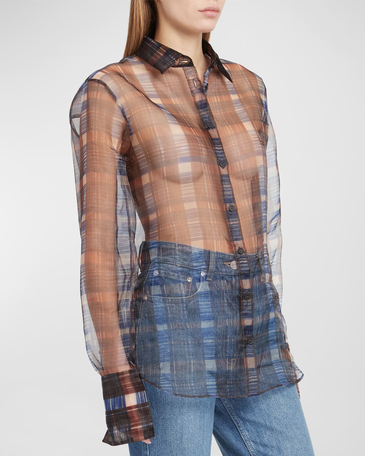 Ferragamo August Organza Check Button-front Shirt In Cocoa Brow