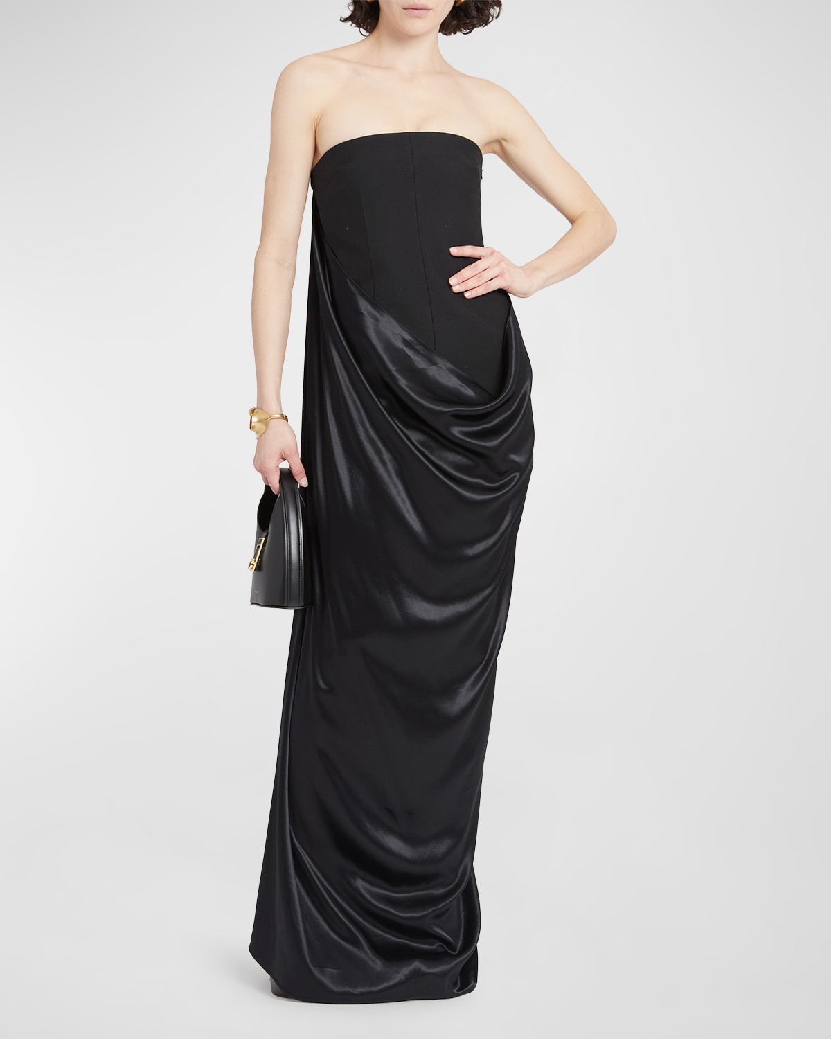 Ferragamo Strapless Gown With Draped Satin Detail In Black