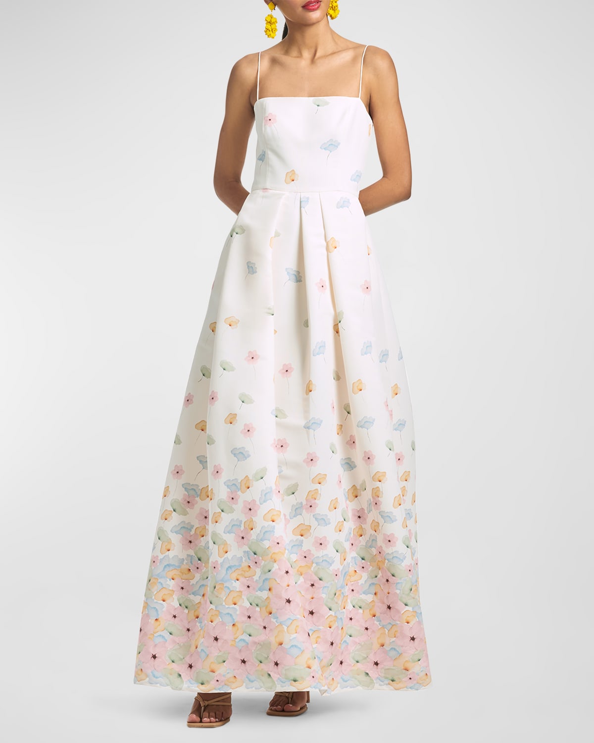 SACHIN & BABI BEAU PLEATED FLORAL-PRINT FIT-&-FLARE GOWN