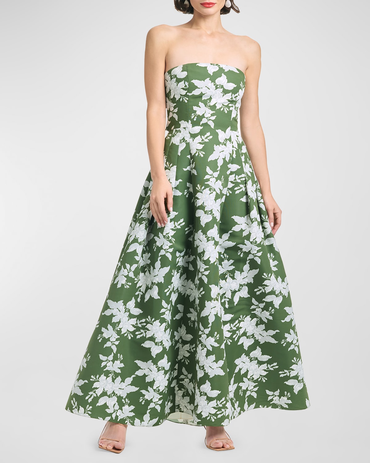 Sachin & Babi Margaux Pleated Floral-print Strapless Gown In Green Narcissus