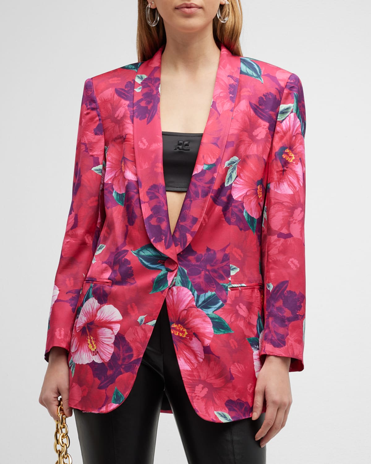 Shawl-Collar Floral Satin Jacket