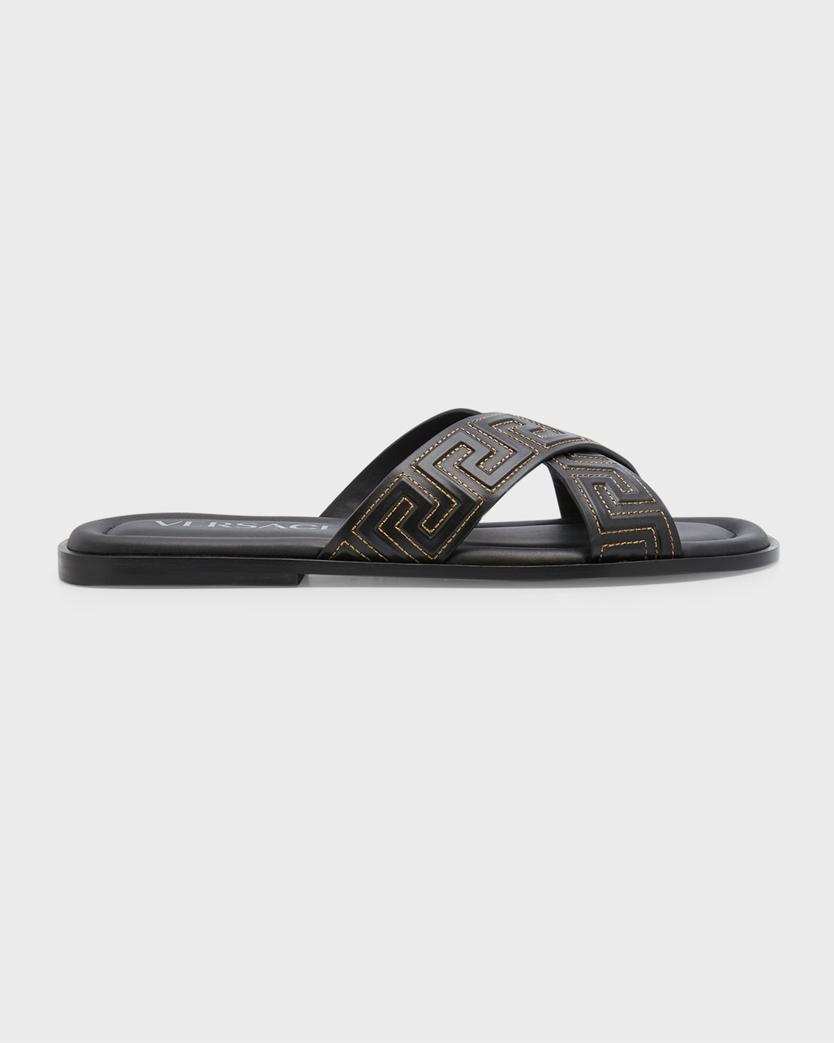 Shop Versace Men's Crisscross Greca Leather Sandals In Blackgold