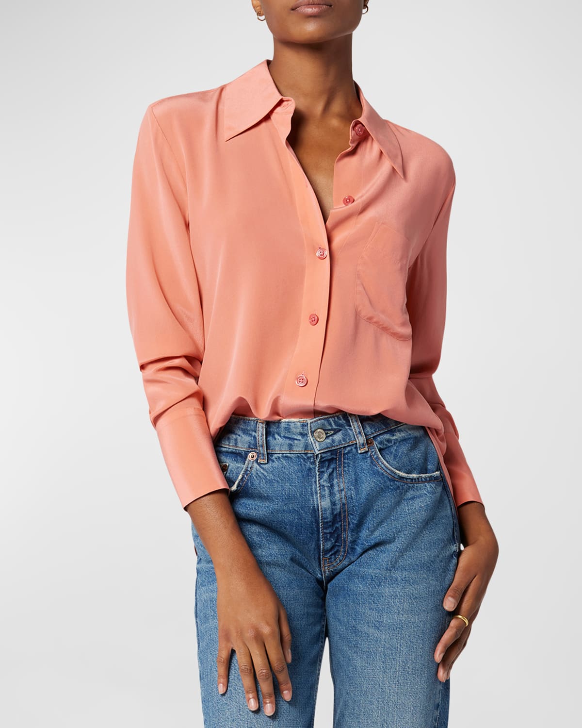 Quinne Spread-Collar Button-Down Silk Shirt