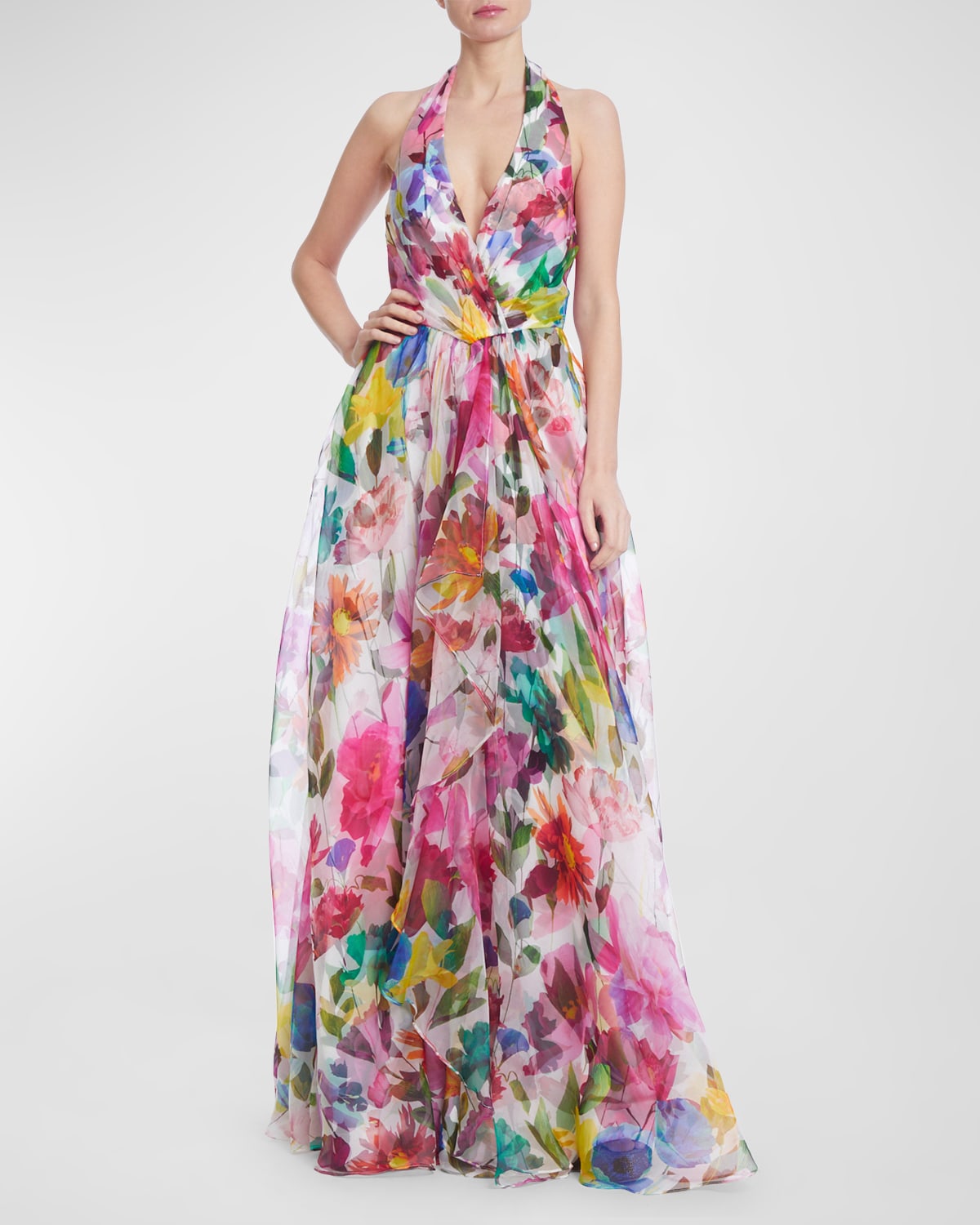 BADGLEY MISCHKA FLORAL-PRINT RUFFLE-TRIM ORGANZA HALTER GOWN