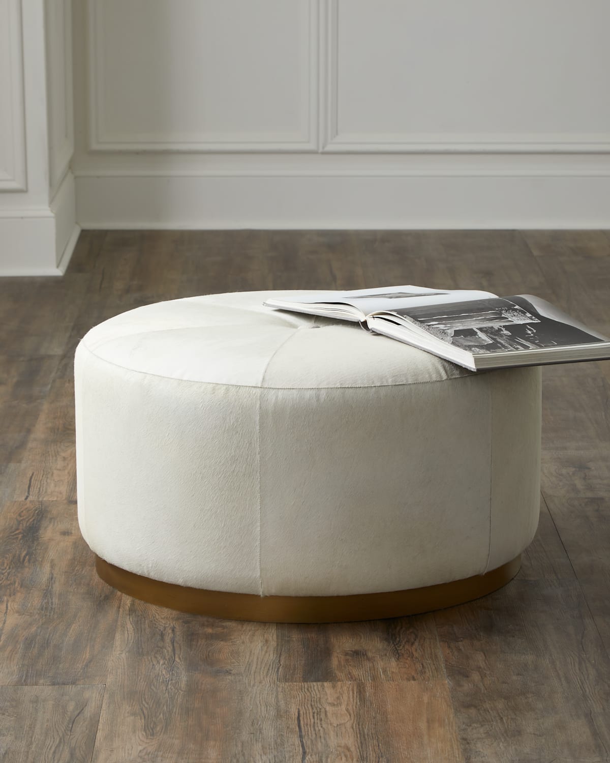 Jamie Young Thackery Round Hair-hide Pouf In White