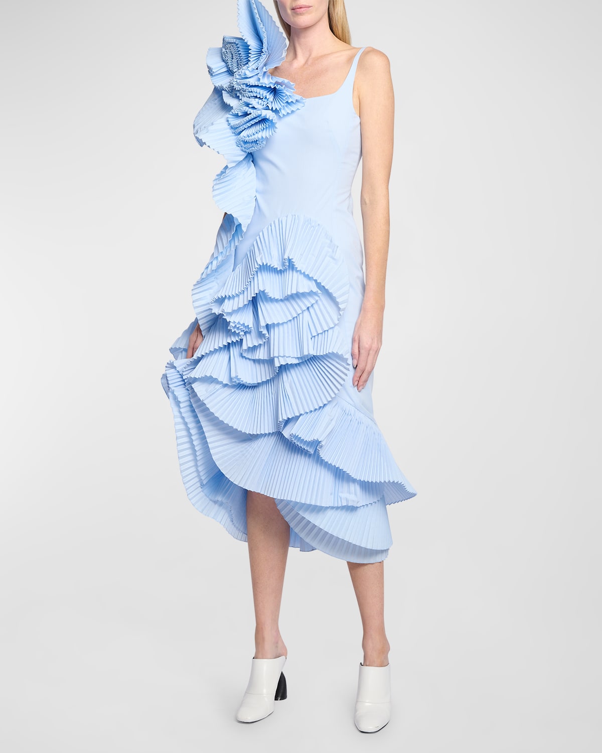 Debanas Pleated Rosette Fan-Ruffle Midi Dress