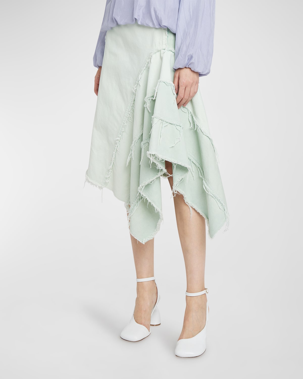 DRIES VAN NOTEN SAXO ASYMMETRIC GODET RAW-EDGE DENIM MIDI SKIRT