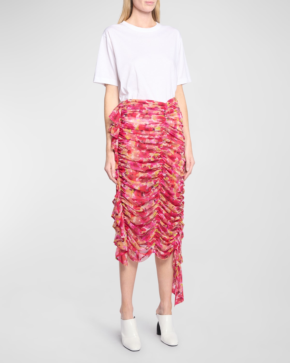 Sachi Floral Ruched Ruffle Midi Skirt
