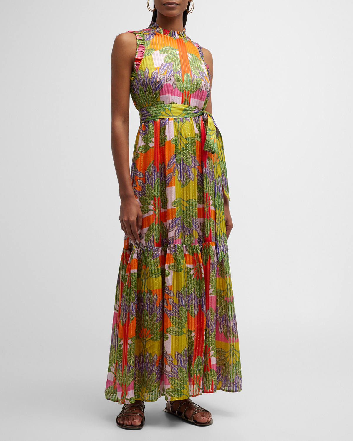 Marie Oliver Alice Sleeveless Striped Botanical-Print Dress