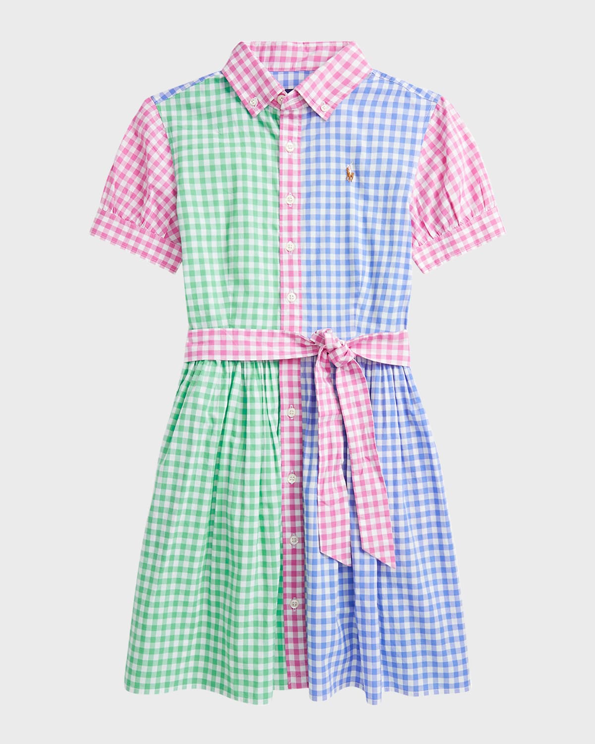 Ralph Lauren Kids' Girl's Gingham Colorblocked Embroidered Dress In Pink